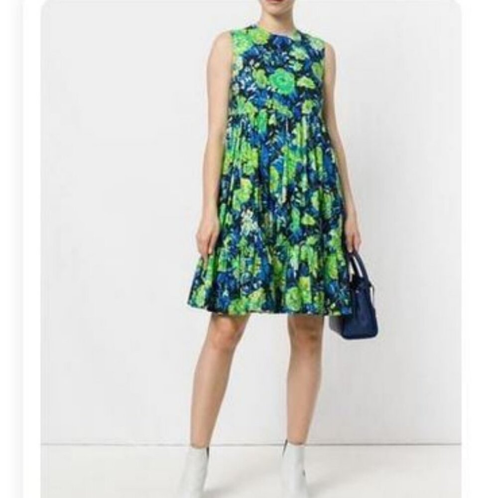 MSGM Floral Empire Line Frill Dress Size 40 Multi Green Blue